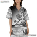 Vintage Black White Palm Tree Ocean Hawaiian Shirt Unisex Summer Beach Top