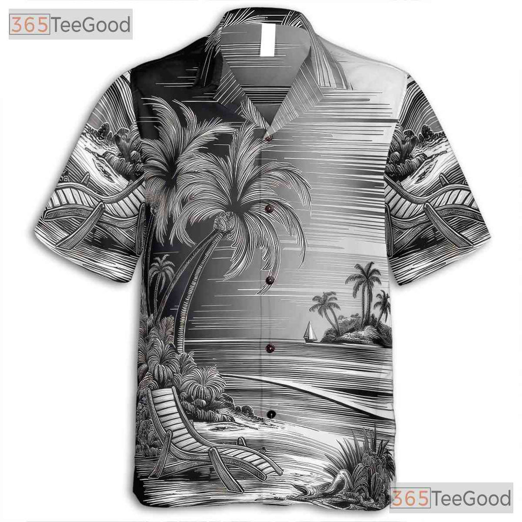 Vintage Black White Palm Tree Sketch Hawaiian Shirt Unisex Beach Style Top