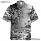 Vintage Black White Palm Tree Sketch Hawaiian Shirt Unisex Beach Style Top