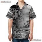 Vintage Black White Palm Tree Sketch Hawaiian Shirt Unisex Beach Style Top