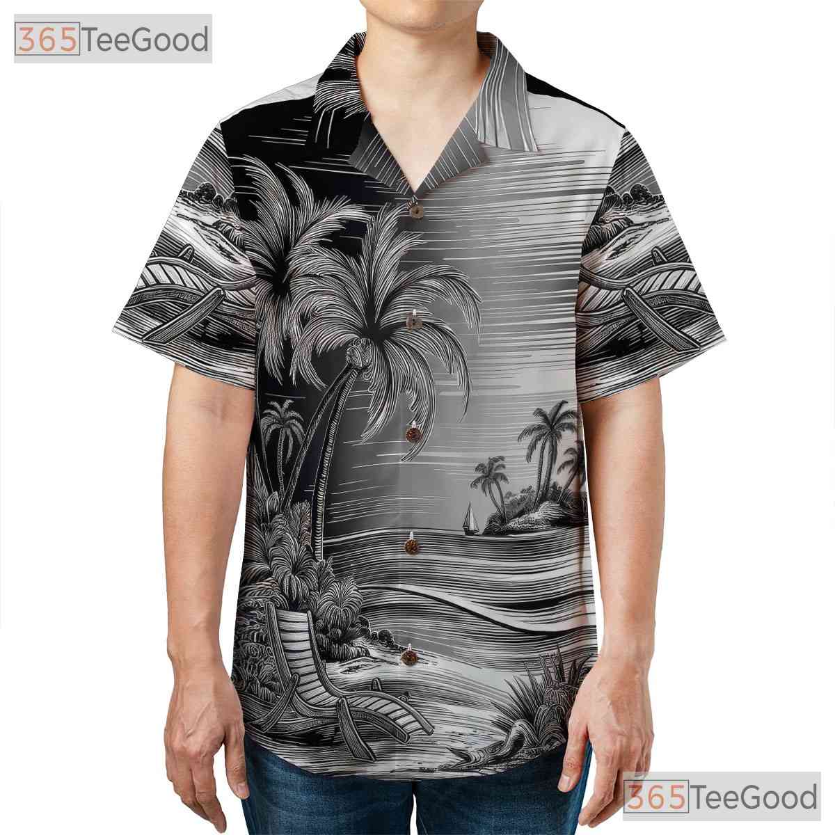 Vintage Black White Palm Tree Sketch Hawaiian Shirt Unisex Beach Style Top