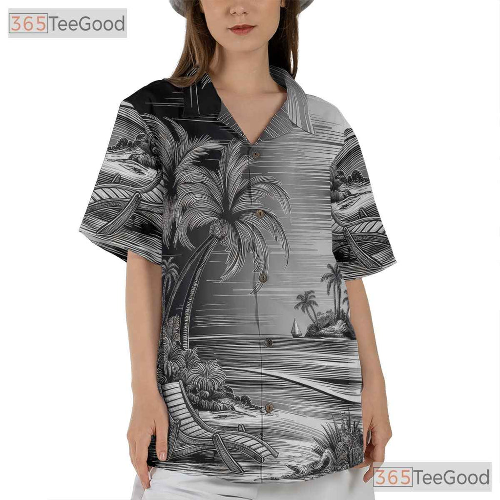 Vintage Black White Palm Tree Sketch Hawaiian Shirt Unisex Beach Style Top