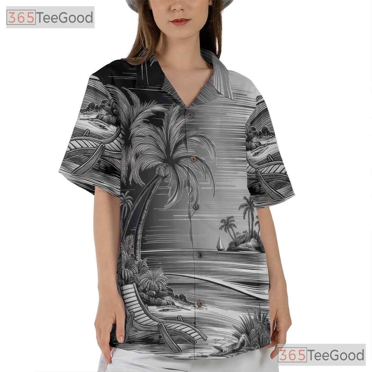 Vintage Black White Palm Tree Sketch Hawaiian Shirt Unisex Beach Style Top