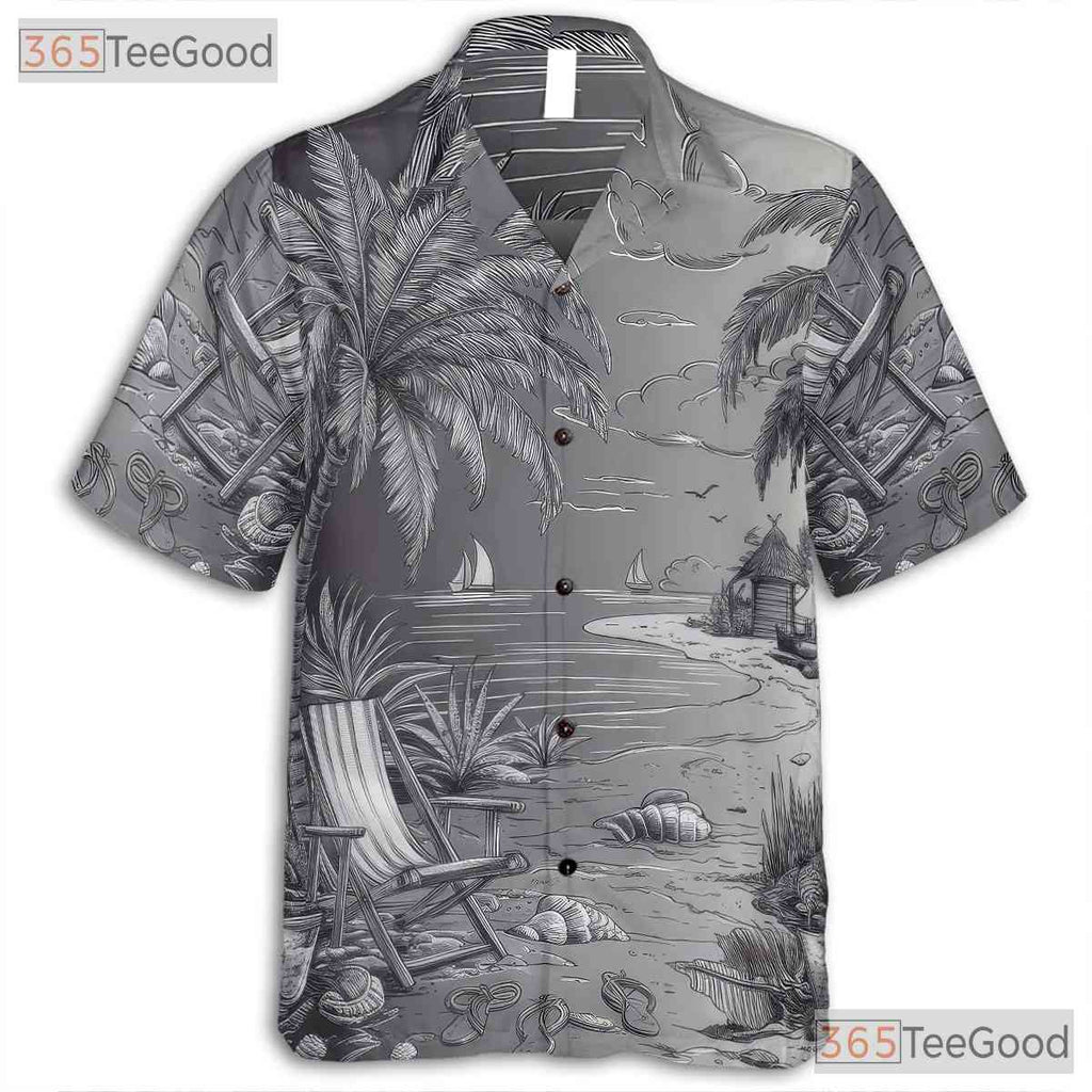 Vintage Black White Sketch Retro Beach Hawaiian Tee Unisex Summer Vacation