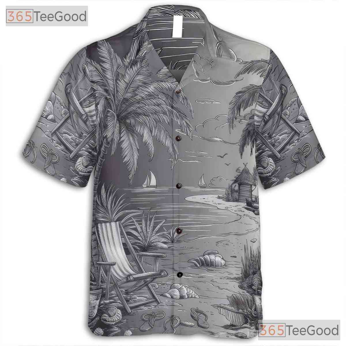 Vintage Black White Sketch Retro Beach Hawaiian Tee Unisex Summer Vacation