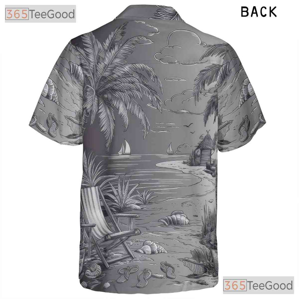 Vintage Black White Sketch Retro Beach Hawaiian Tee Unisex Summer Vacation