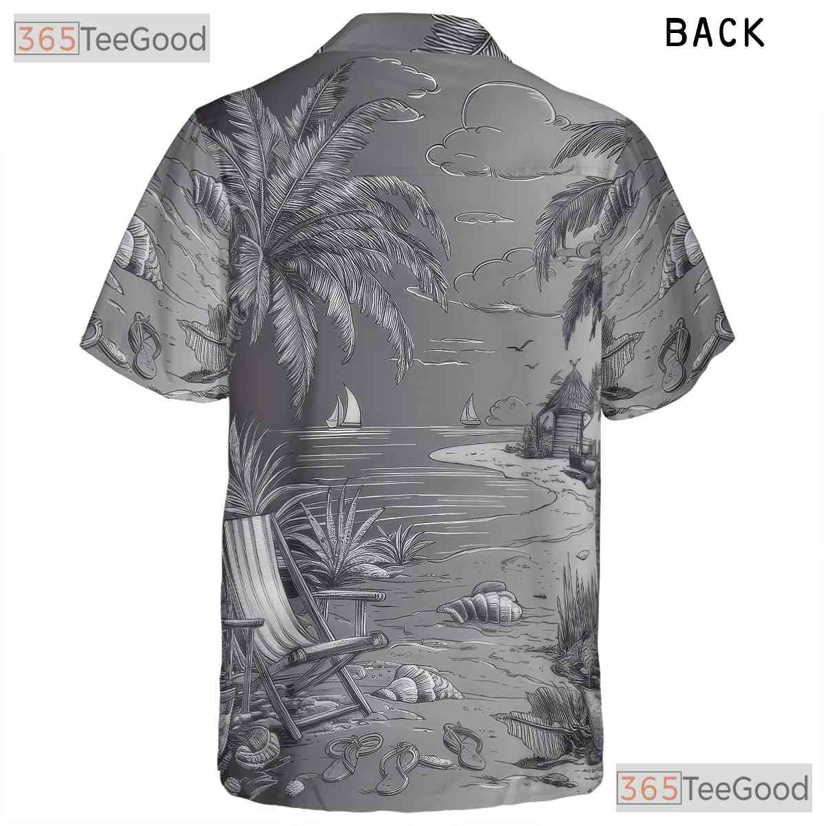 Vintage Black White Sketch Retro Beach Hawaiian Tee Unisex Summer Vacation