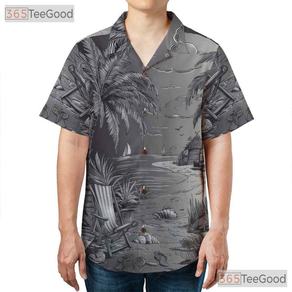 Vintage Black White Sketch Retro Beach Hawaiian Tee Unisex Summer Vacation