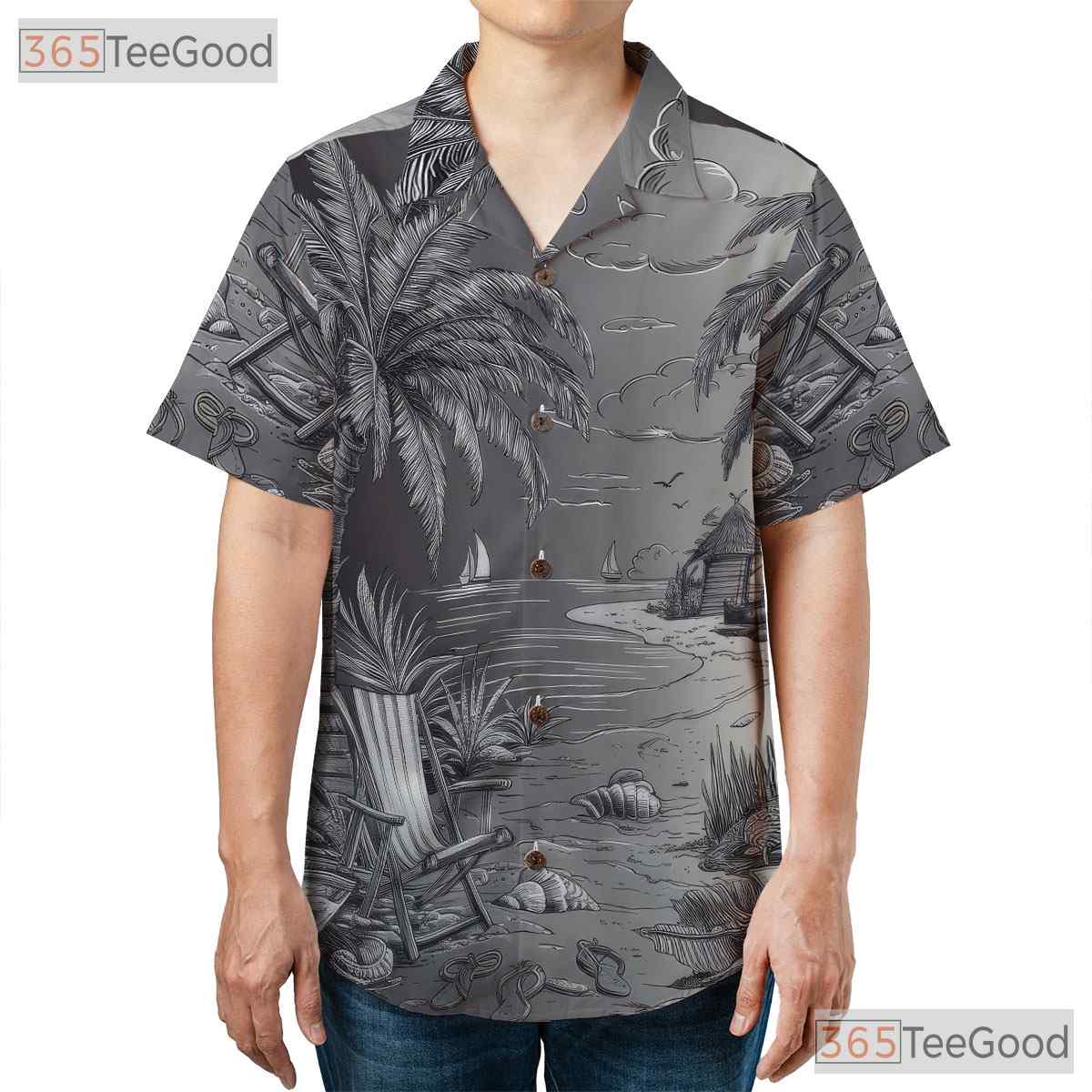 Vintage Black White Sketch Retro Beach Hawaiian Tee Unisex Summer Vacation