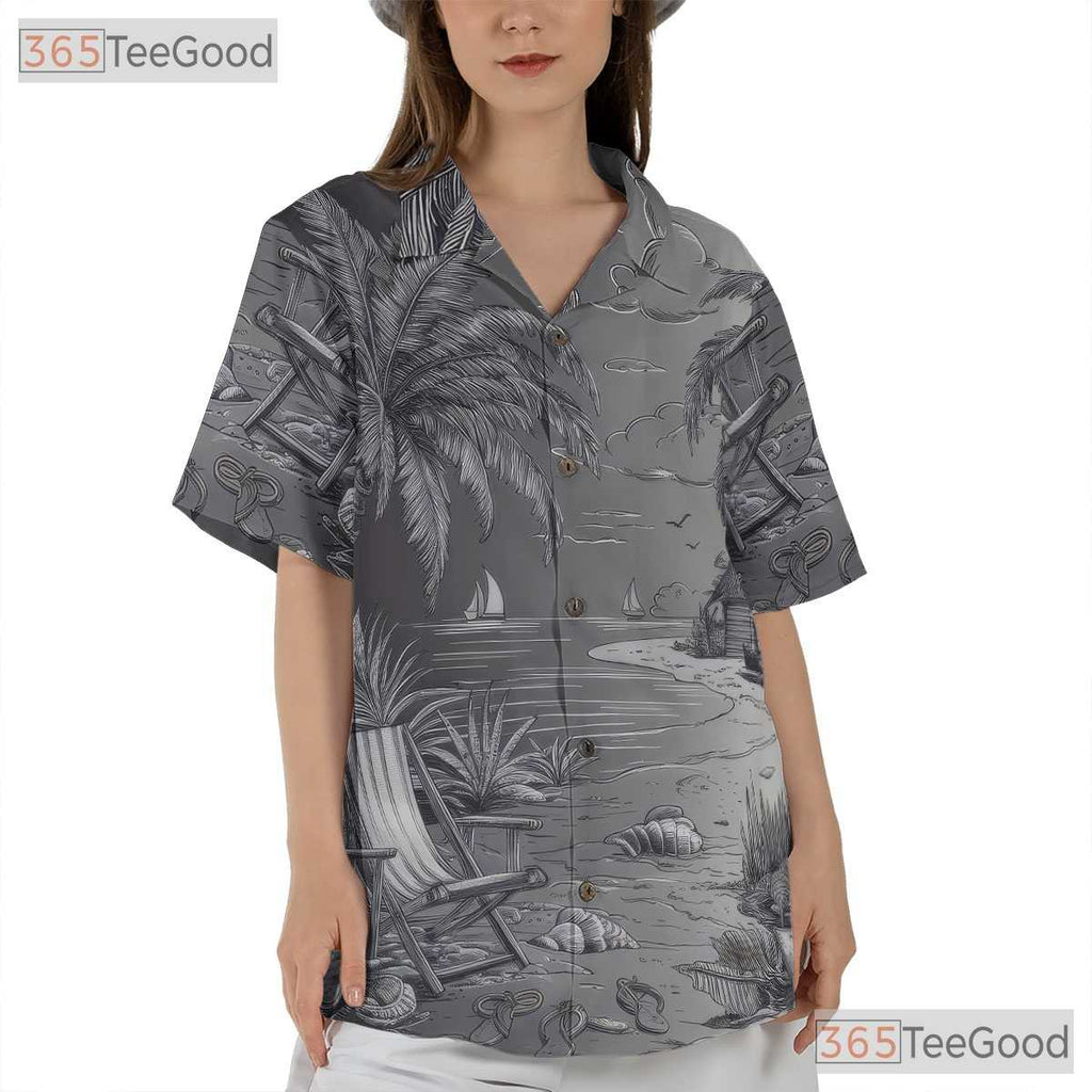Vintage Black White Sketch Retro Beach Hawaiian Tee Unisex Summer Vacation