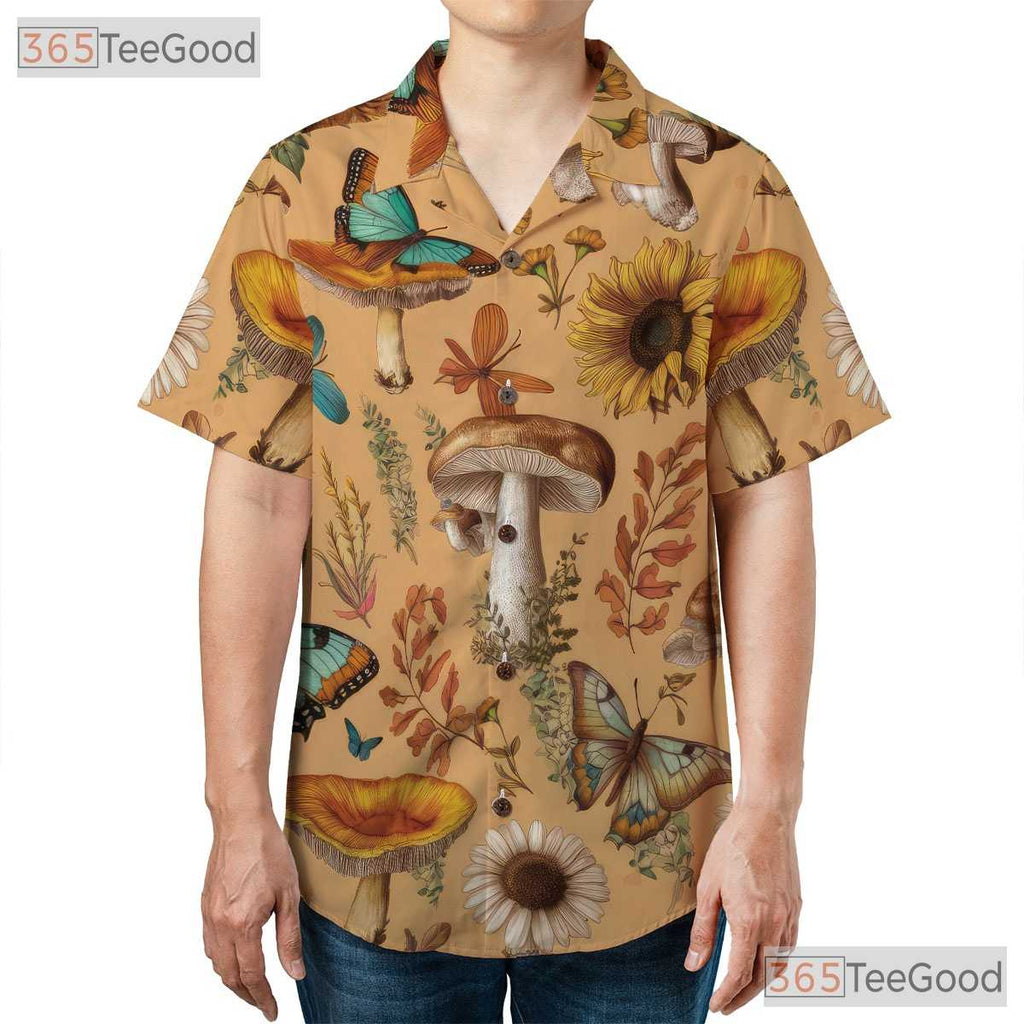 Vintage Botanical Mushroom Butterfly Aloha Shirt Unisex Summer Wear