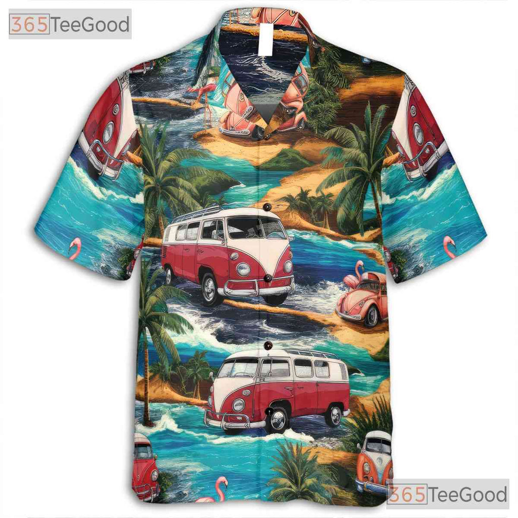 Vintage Cars Flamingos Aloha Hawaiian Shirt Unisex Summer Beach Fun Top