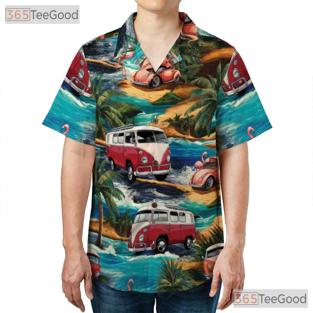 Vintage Cars Flamingos Aloha Hawaiian Shirt Unisex Summer Beach Fun Top