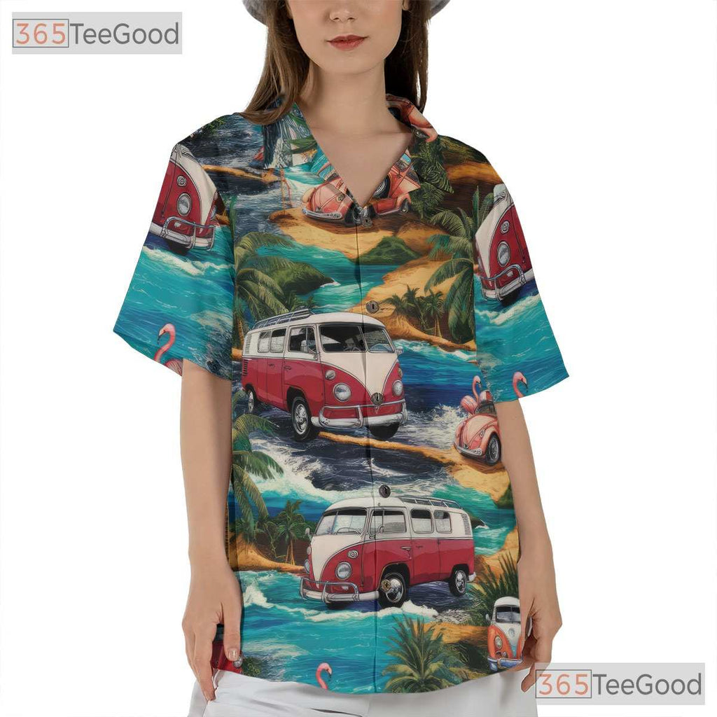 Vintage Cars Flamingos Aloha Hawaiian Shirt Unisex Summer Beach Fun Top