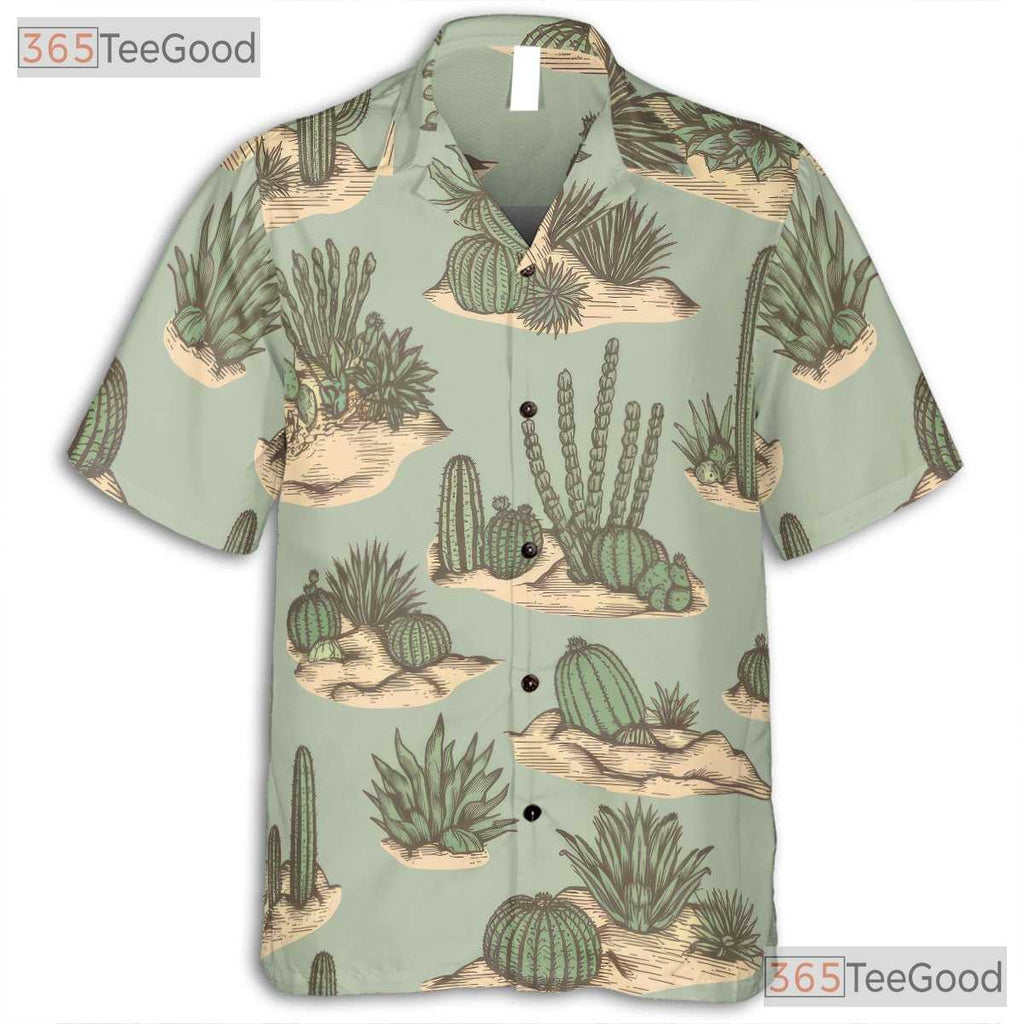 Vintage Green Desert Cactus Hawaiian Shirt- Unisex Botanical Tropical Aloha Top