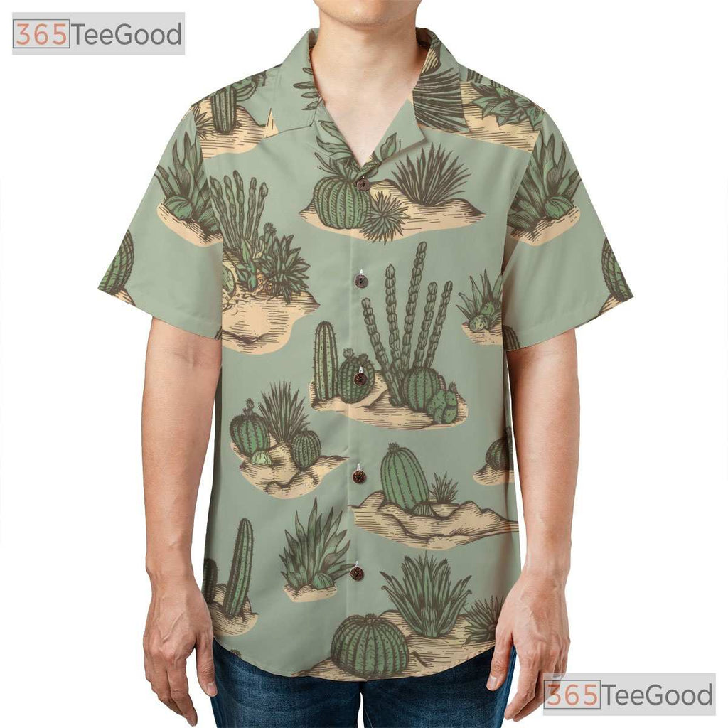 Vintage Green Desert Cactus Hawaiian Shirt- Unisex Botanical Tropical Aloha Top