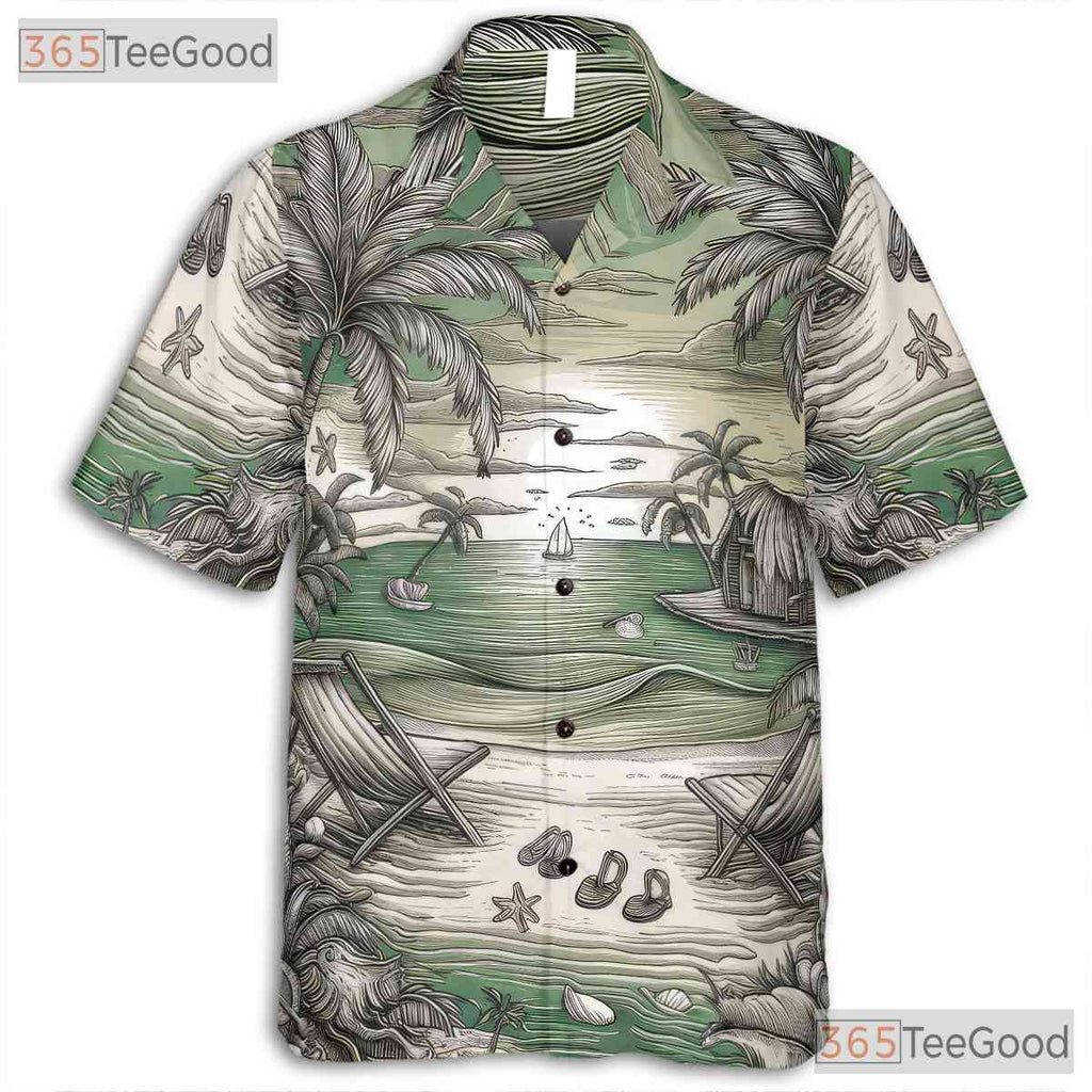 Vintage Island Sketch Sunset Palm Tree Beach Hawaiian Shirt Unisex Apparel