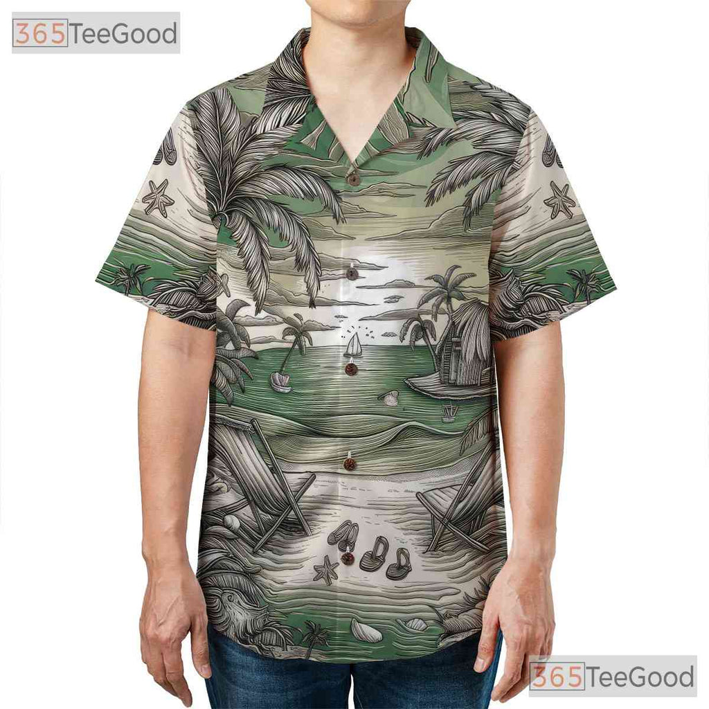 Vintage Island Sketch Sunset Palm Tree Beach Hawaiian Shirt Unisex Apparel