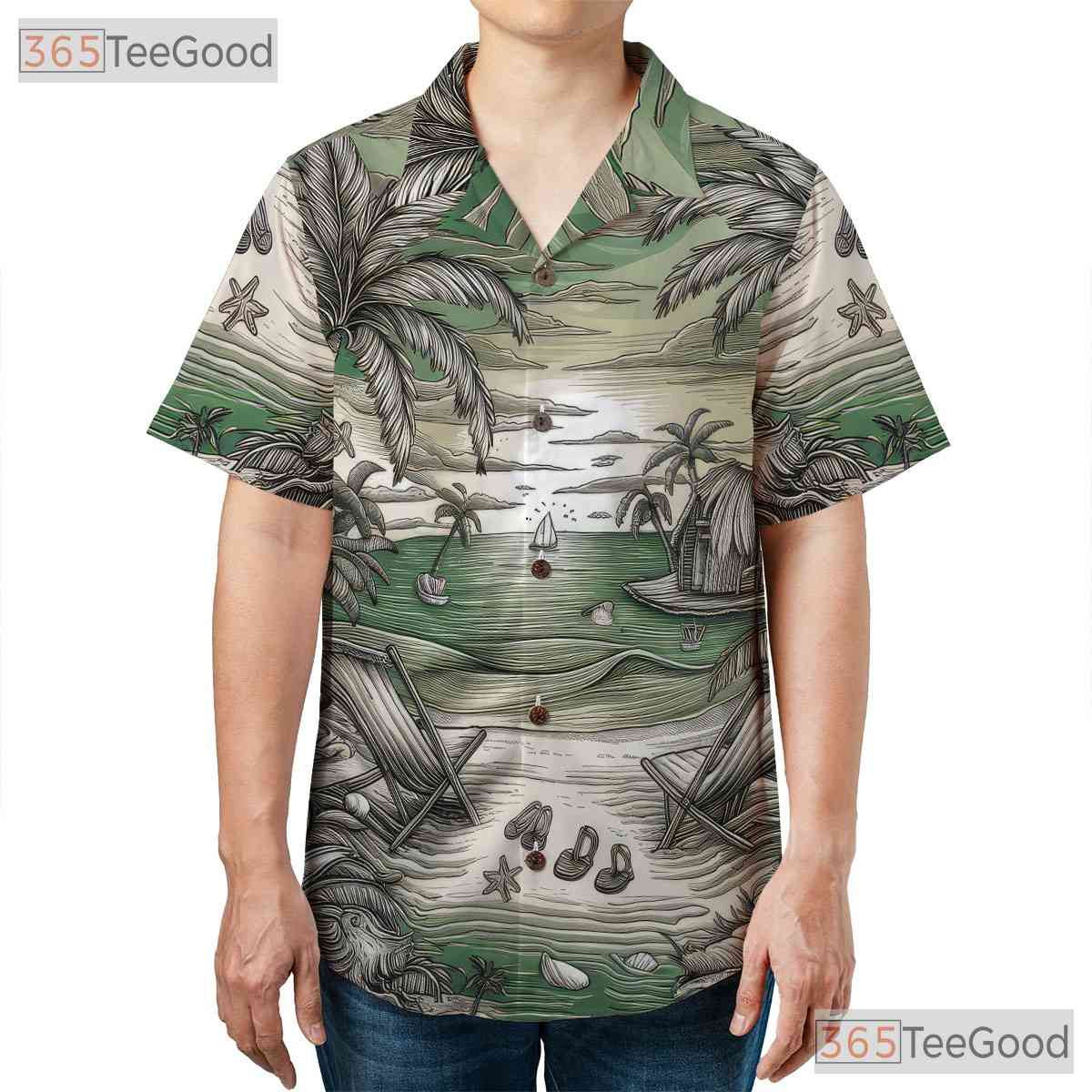 Vintage Island Sketch Sunset Palm Tree Beach Hawaiian Shirt Unisex Apparel