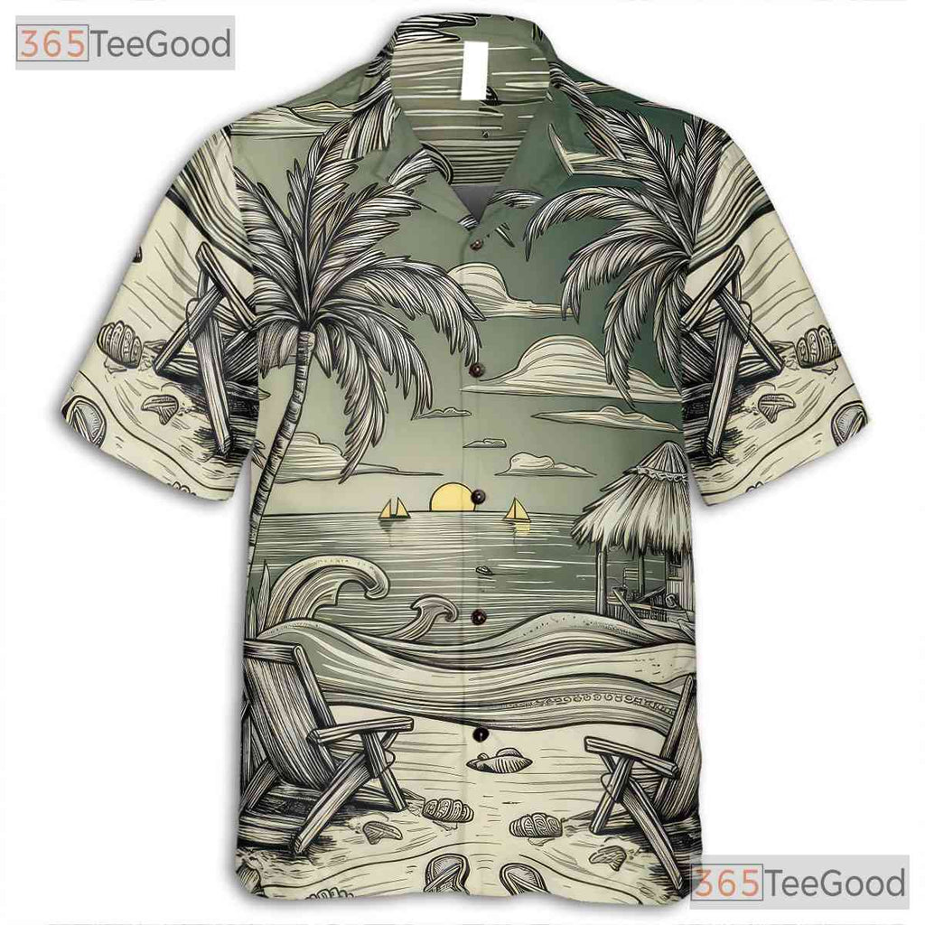 Vintage Island Sunset Beach Sketch Palm Trees Hawaiian Shirt Unisex Summer