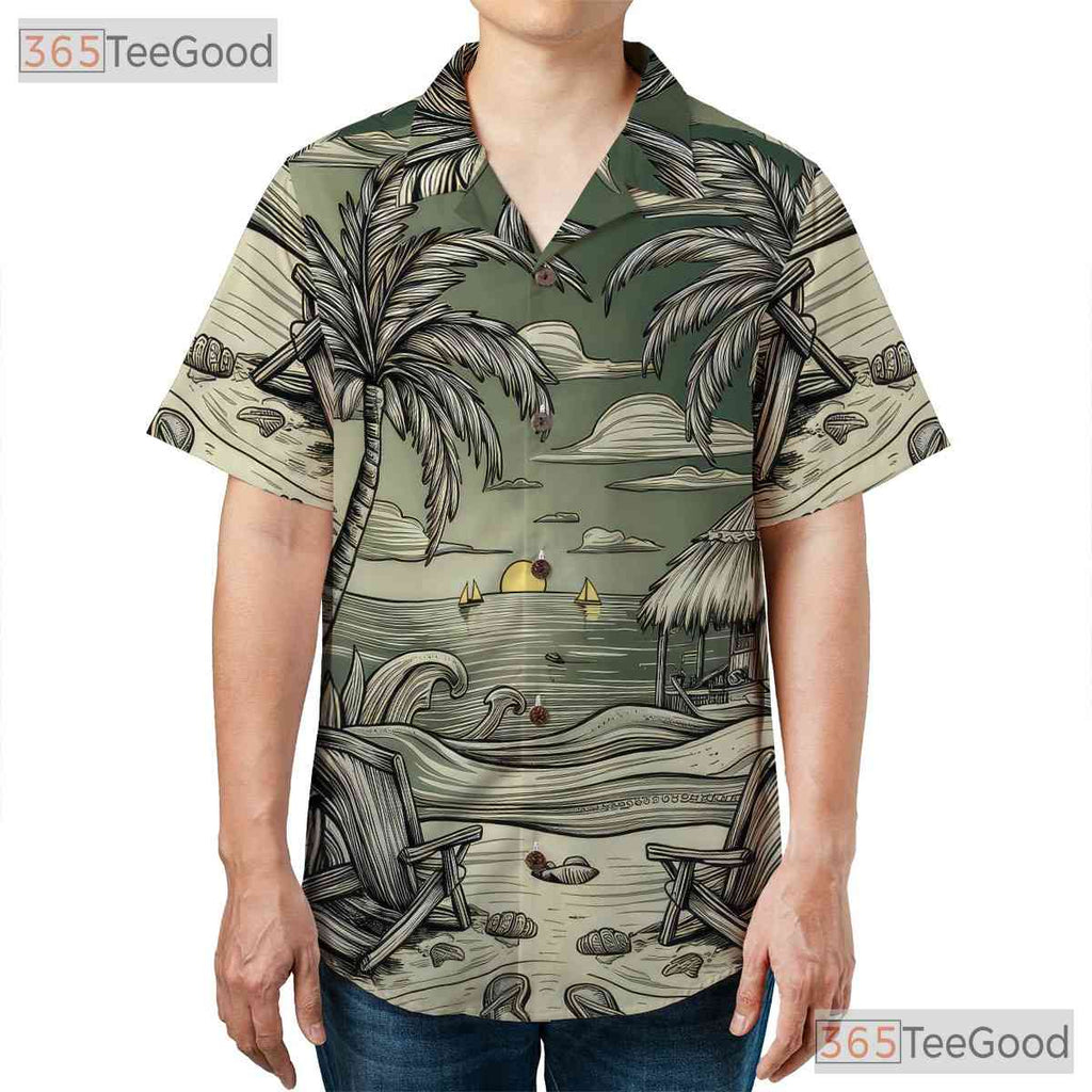 Vintage Island Sunset Beach Sketch Palm Trees Hawaiian Shirt Unisex Summer