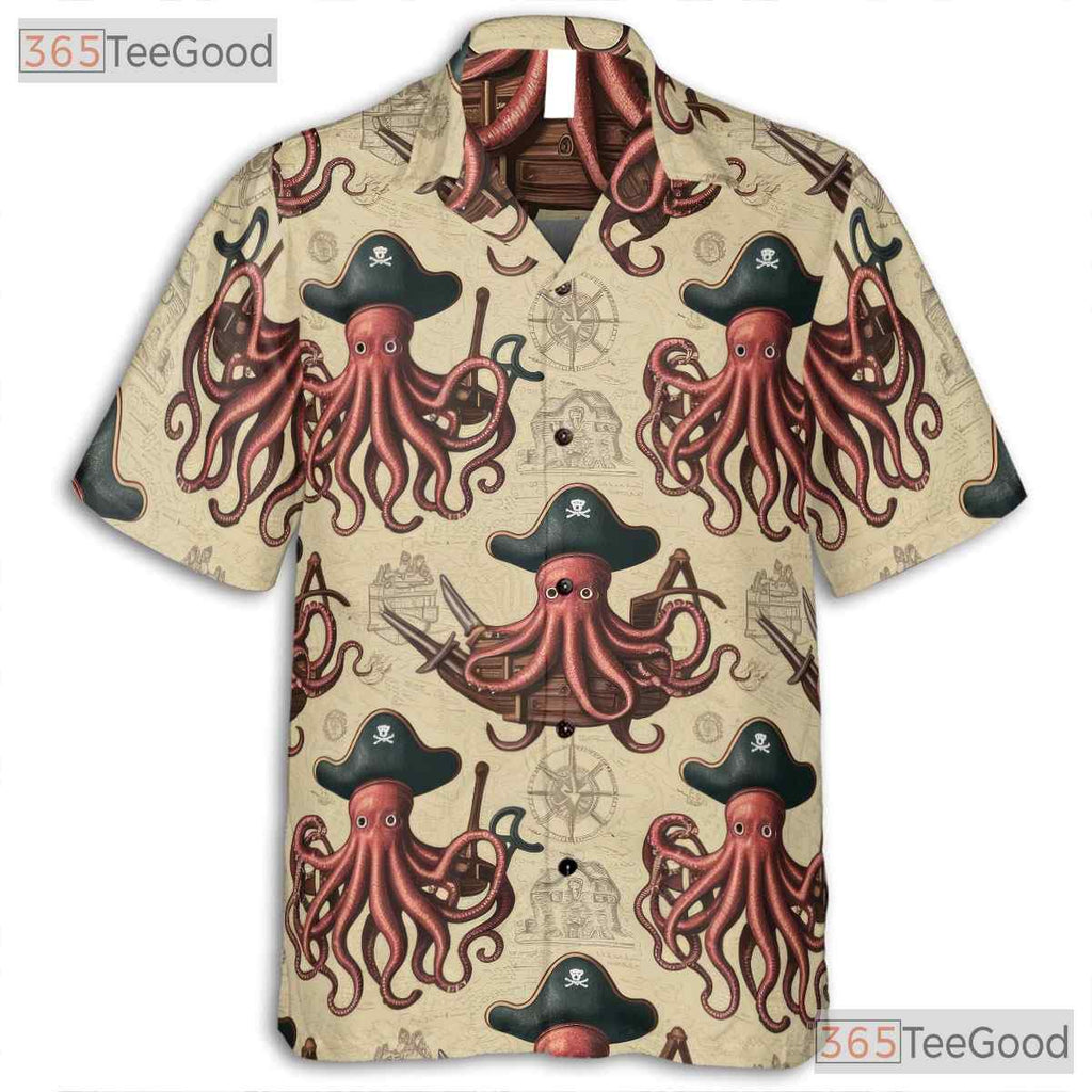 Vintage Nautical Kraken Hawaiian Tee- Unisex Pirate Map Ocean Theme Apparel