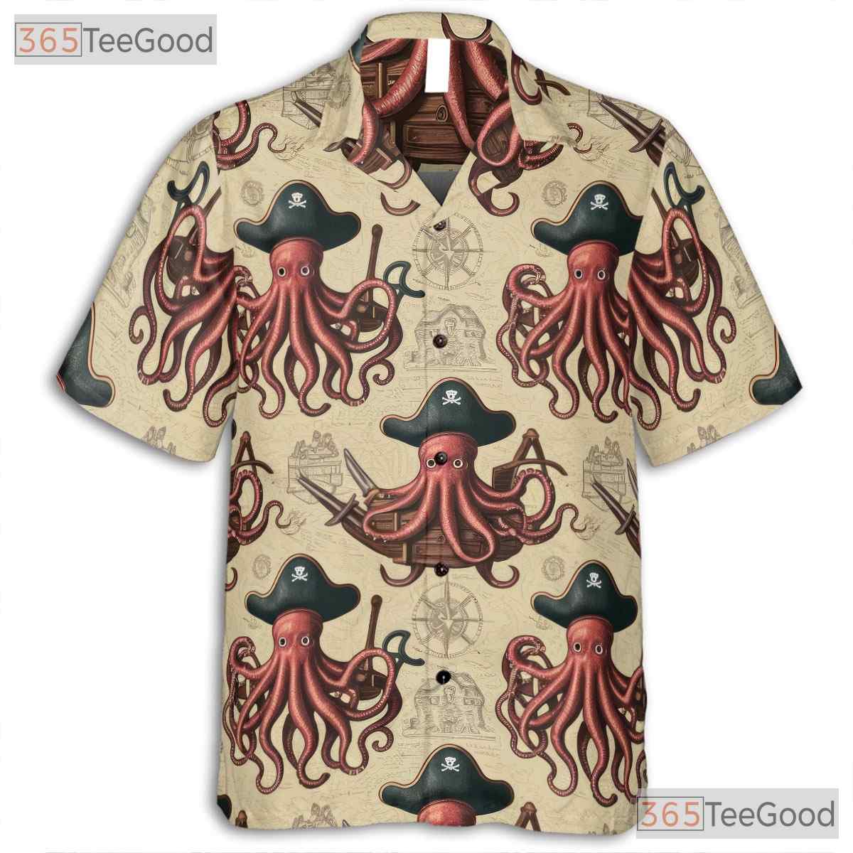 Vintage Nautical Kraken Hawaiian Tee- Unisex Pirate Map Ocean Theme Apparel