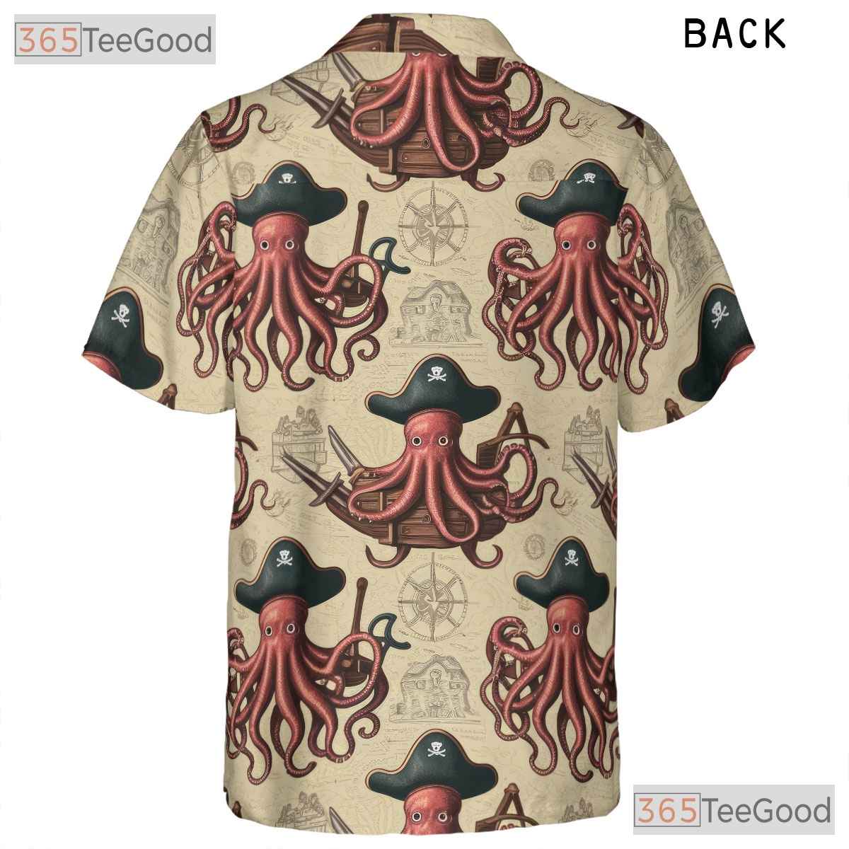 Vintage Nautical Kraken Hawaiian Tee- Unisex Pirate Map Ocean Theme Apparel