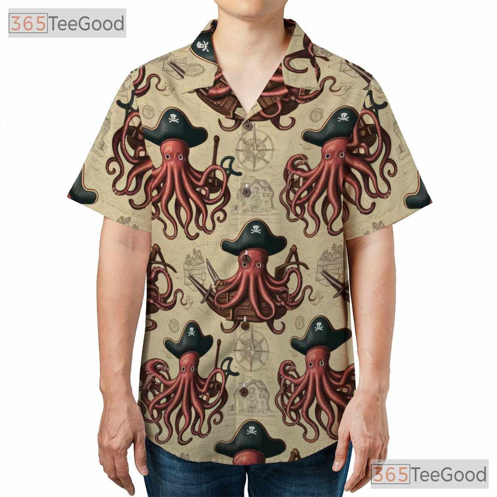 Vintage Nautical Kraken Hawaiian Tee- Unisex Pirate Map Ocean Theme Apparel