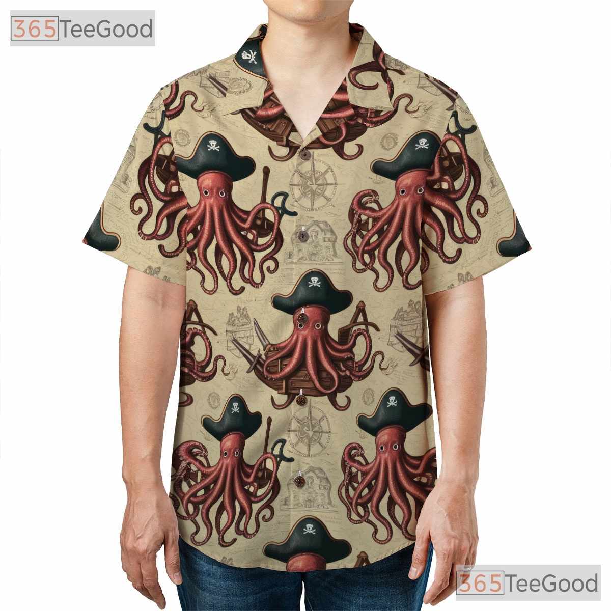 Vintage Nautical Kraken Hawaiian Tee- Unisex Pirate Map Ocean Theme Apparel