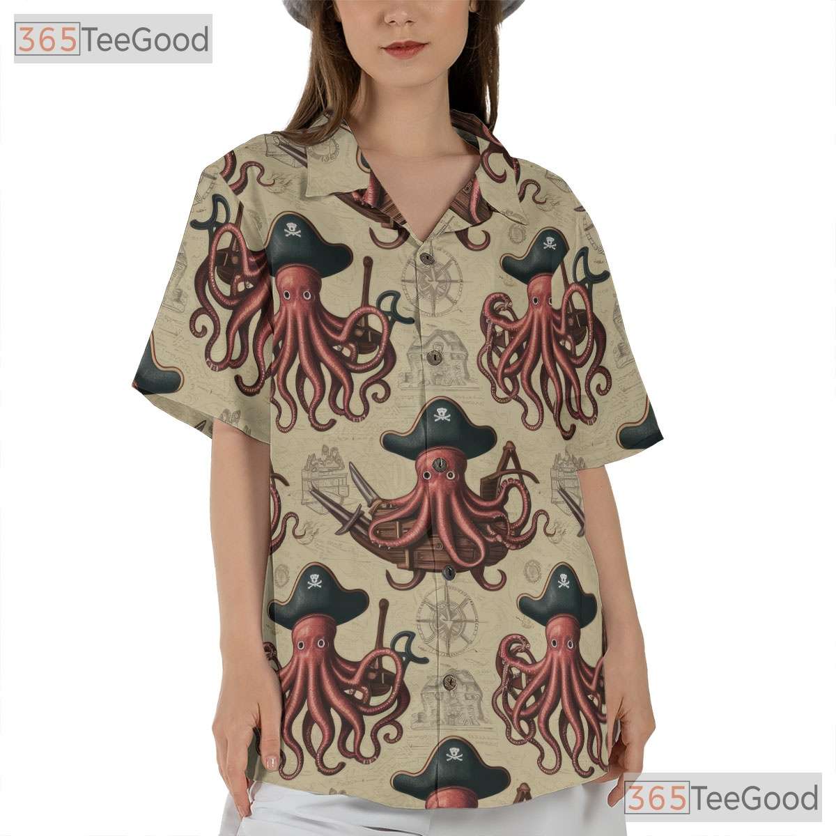 Vintage Nautical Kraken Hawaiian Tee- Unisex Pirate Map Ocean Theme Apparel