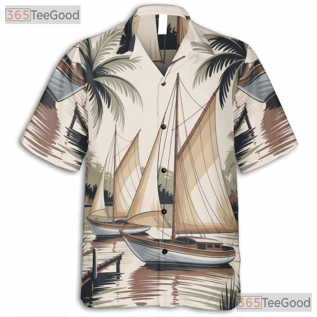 Vintage Nautical Sailboat Hawaiian Shirt- Unisex Palm Tree Tropical Beach Luau