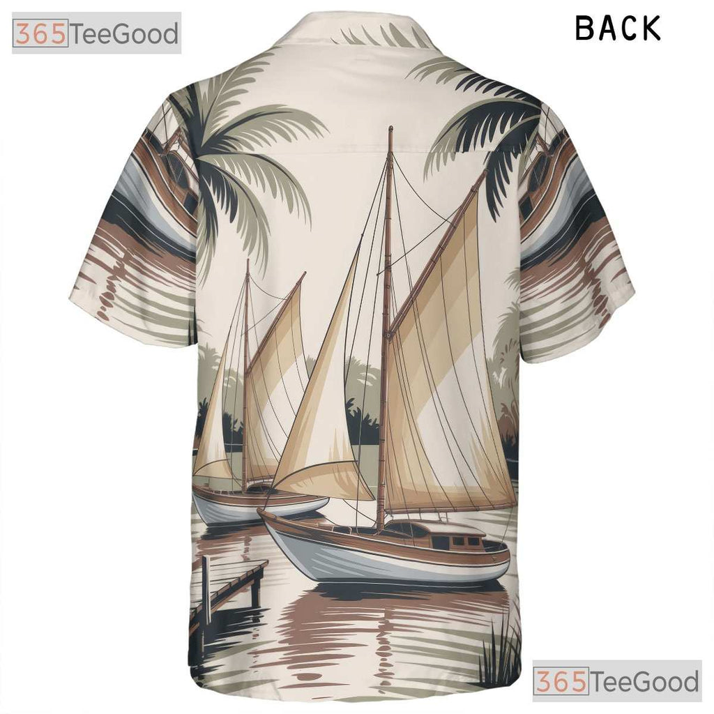 Vintage Nautical Sailboat Hawaiian Shirt- Unisex Palm Tree Tropical Beach Luau