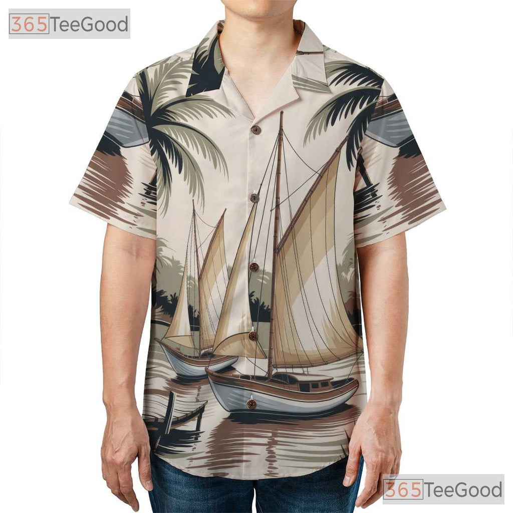 Vintage Nautical Sailboat Hawaiian Shirt- Unisex Palm Tree Tropical Beach Luau