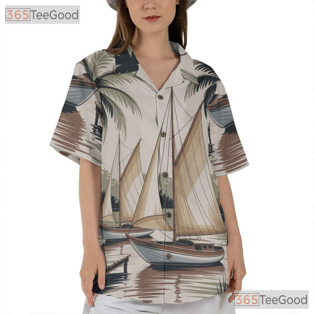 Vintage Nautical Sailboat Hawaiian Shirt- Unisex Palm Tree Tropical Beach Luau