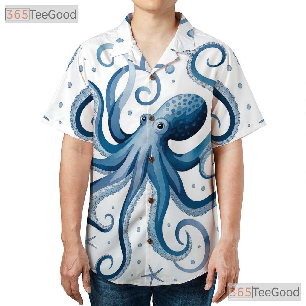 Vintage Octopus Print Unisex Hawaiian Shirt- Retro Short Sleeve Ocean Apparel
