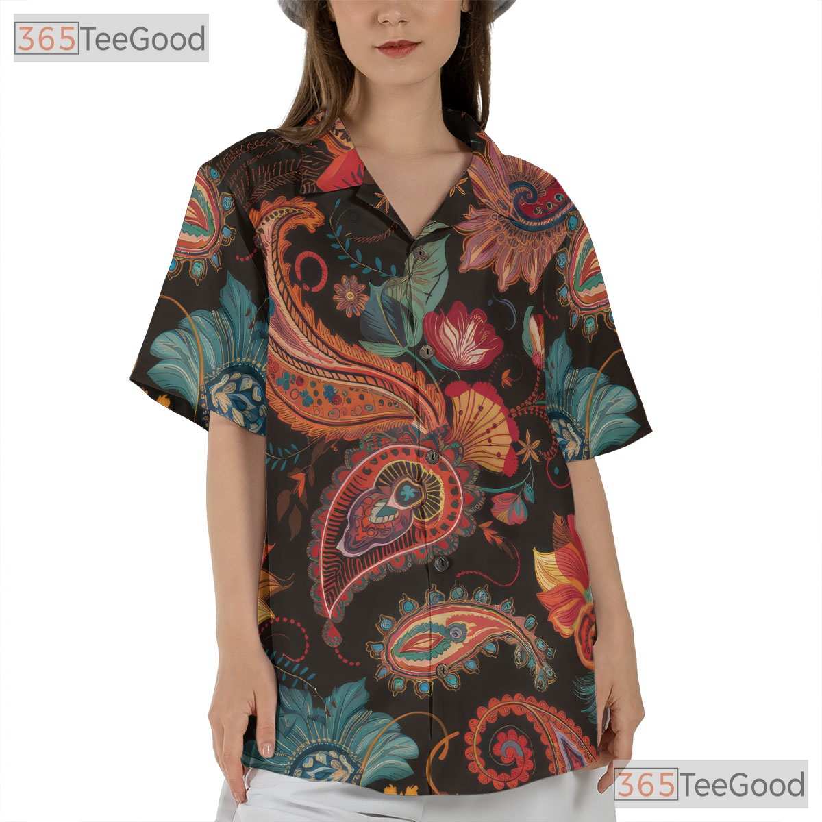 Vintage Paisley Flower Hawaiian Tee - Adult Colorful Boho Festival Shirt