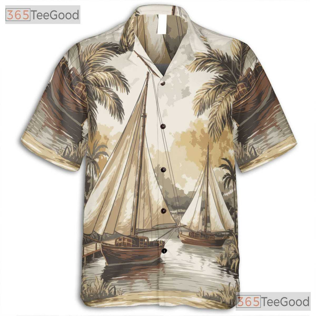 Vintage Palm Tree Sailboat Hawaiian Shirt- Unisex Tropical Nautical Aloha Top