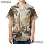 Vintage Palm Tree Sailboat Hawaiian Shirt- Unisex Tropical Nautical Aloha Top