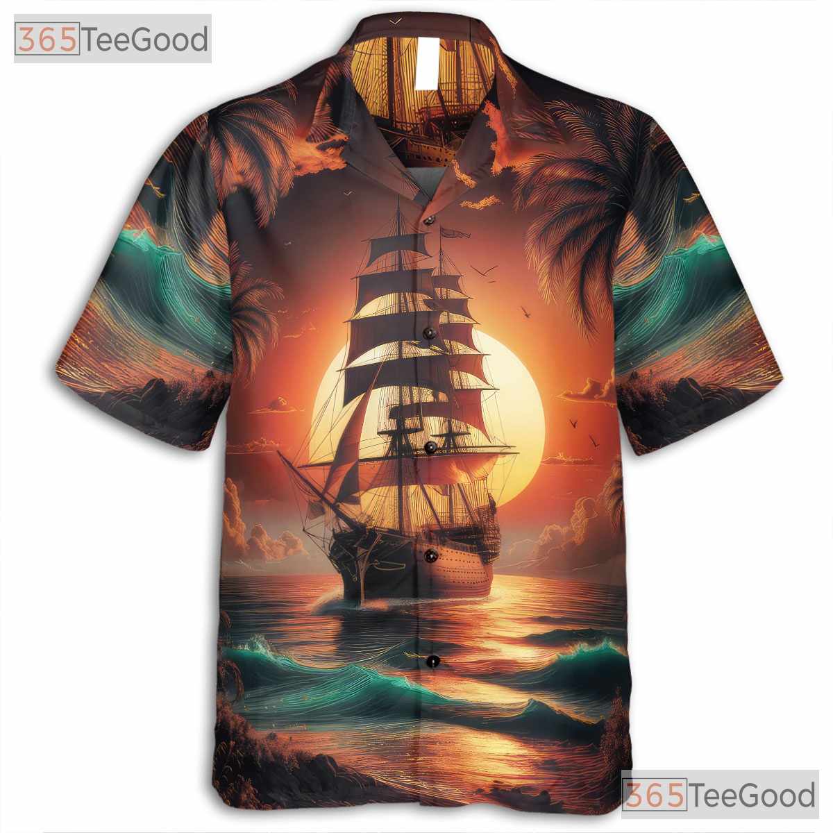Vintage Pirate Ship Palm Trees Sunset Hawaiian Shirt Men Women Summer Top