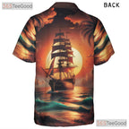 Vintage Pirate Ship Palm Trees Sunset Hawaiian Shirt Men Women Summer Top