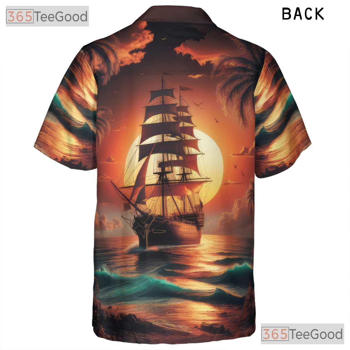 Vintage Pirate Ship Palm Trees Sunset Hawaiian Shirt Men Women Summer Top