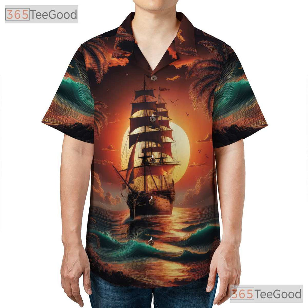 Vintage Pirate Ship Palm Trees Sunset Hawaiian Shirt Men Women Summer Top