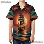 Vintage Pirate Ship Palm Trees Sunset Hawaiian Shirt Men Women Summer Top