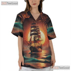 Vintage Pirate Ship Palm Trees Sunset Hawaiian Shirt Men Women Summer Top