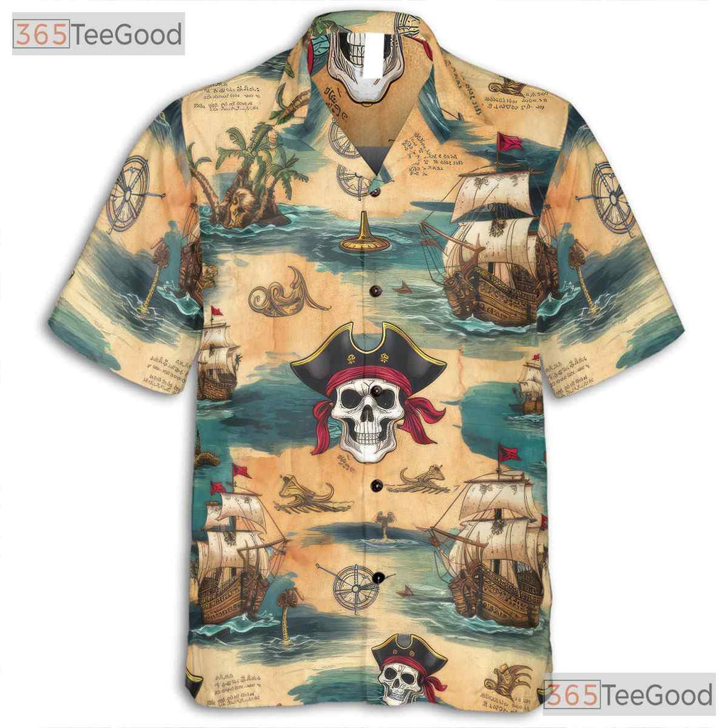 Vintage Pirate Skull Hawaiian Shirt - Adult Treasure Map Beachwear Tee