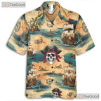 Vintage Pirate Skull Hawaiian Shirt - Adult Treasure Map Beachwear Tee