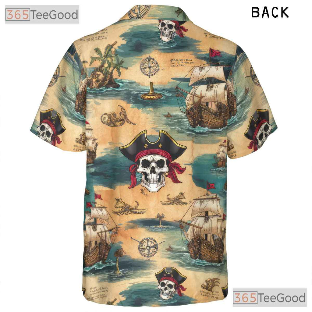 Vintage Pirate Skull Hawaiian Shirt - Adult Treasure Map Beachwear Tee