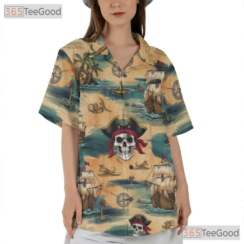 Vintage Pirate Skull Hawaiian Shirt - Adult Treasure Map Beachwear Tee