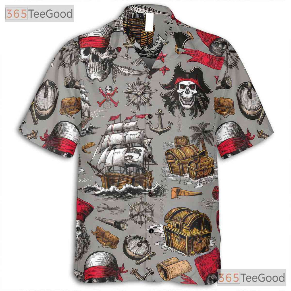 Vintage Pirate Skull Nautical Treasure Map Pattern Hawaiian Tee Unisex Outfit